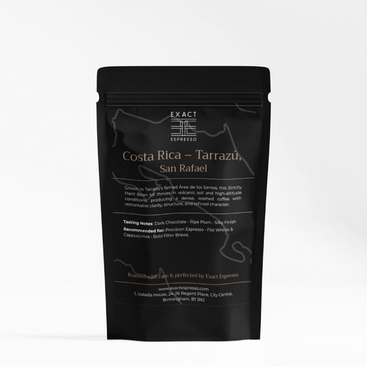 Black coffee bag labeled “Costa Rica – Tarrazú, San Rafael” displayed on a white background with clear product text.