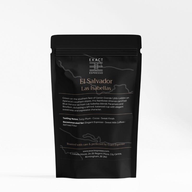 Black coffee bag with copper text labelled “El Salvador Las Isabellas” from Exact Espresso, featuring origin and tasting notes