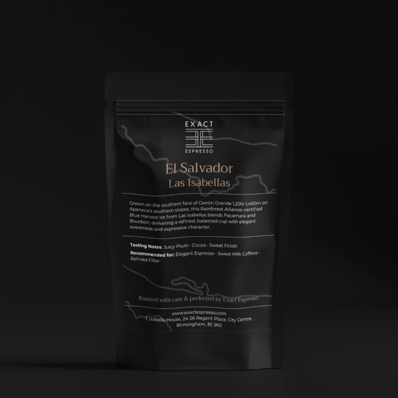 Elegant black coffee bag on a dark background with minimal design, labelled “El Salvador Las Isabellas