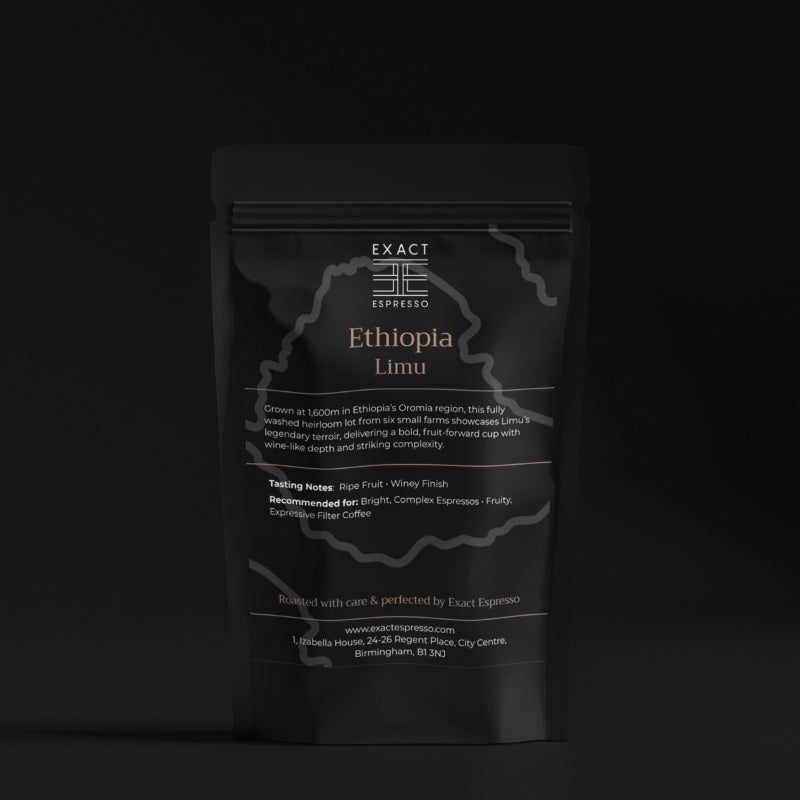 Black bag of Ethiopia Limu coffee with white text and subtle topographic outline, displayed on a dark background.