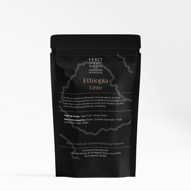 Exact Espresso Ethiopia Limu coffee bag on a white background, showing label with description, tasting notes, and origin details.