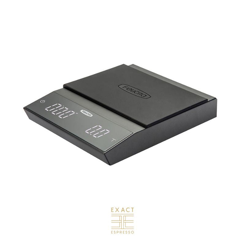 Digital coffee scale with a sleek black body, dual display showing timer and weight, branded with “Felicita"