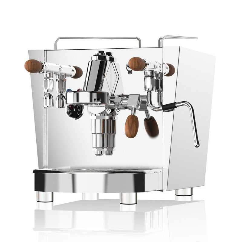 Fracino Classico espresso machine with polished chrome body and wooden accents