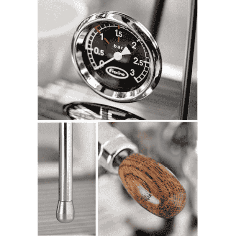 Fracino Classico espresso machine with polished chrome body and wooden accents