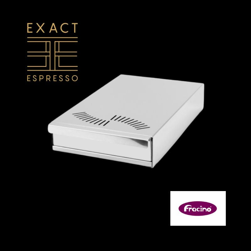 Polished stainless steel Fracino Mini Under Grinder coffee knock out drawer on black background, shown with Exact Espresso and Fracino logos