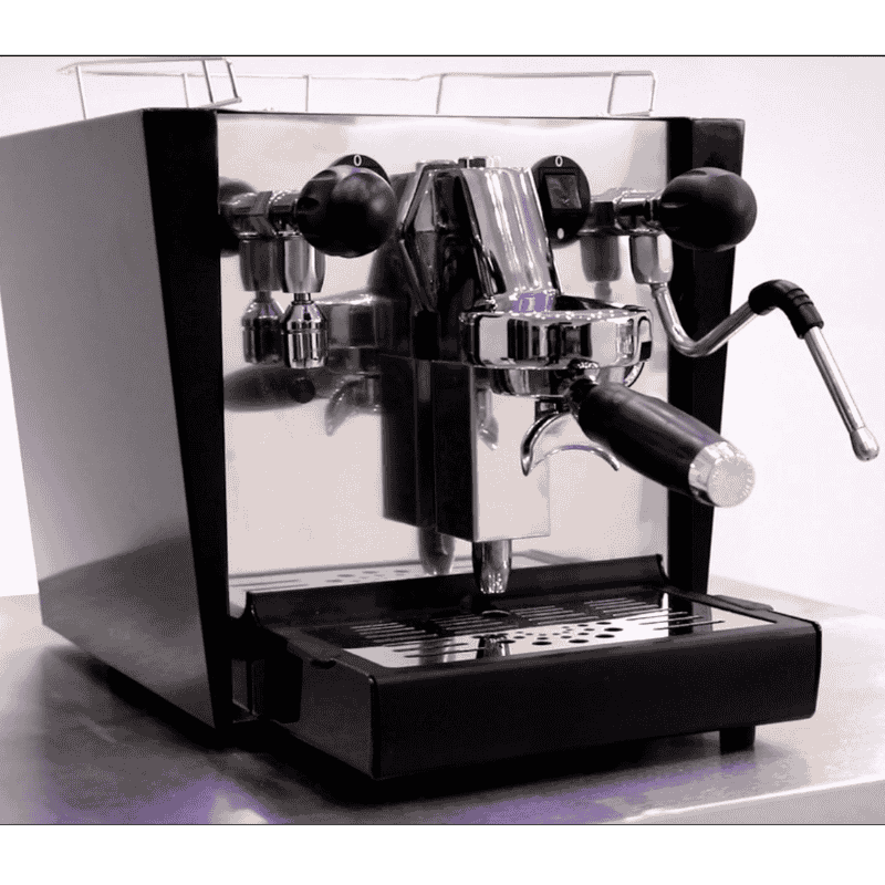 Fracino cherub espresso machine, steam wand and one portafilter in black and chrome on a kitchen top