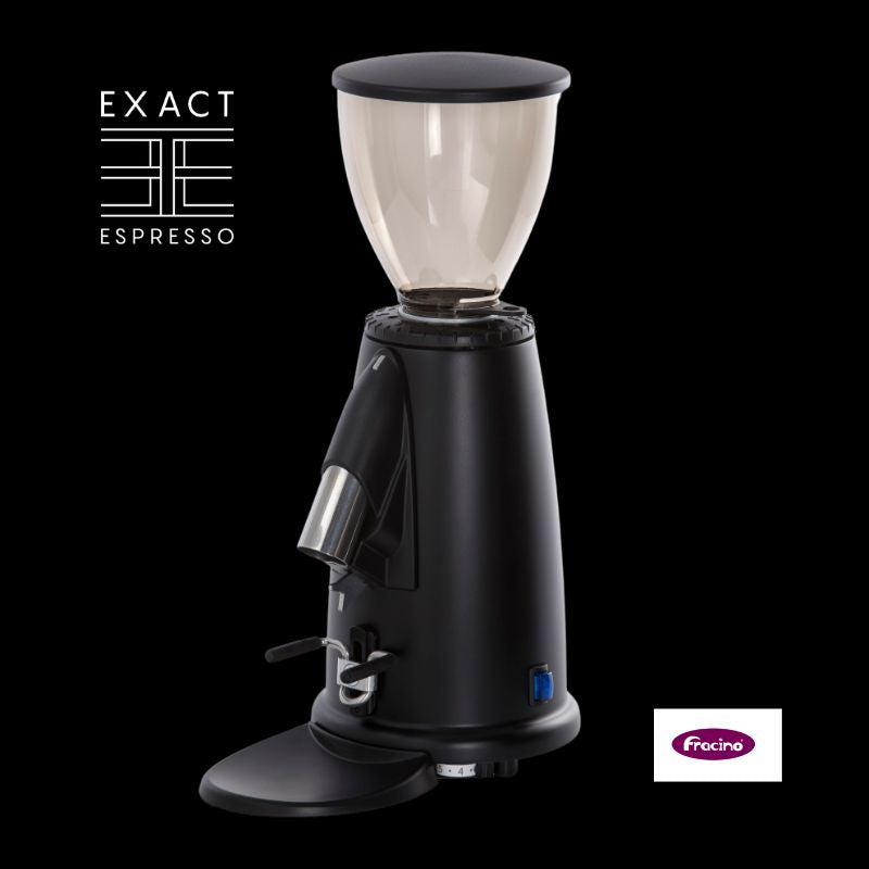 Fracino F2 coffee grinder in black finish with Exact Espresso branding