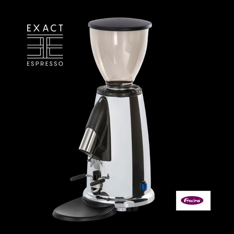 Fracino F2 coffee grinder in chrome finish with Exact Espresso branding