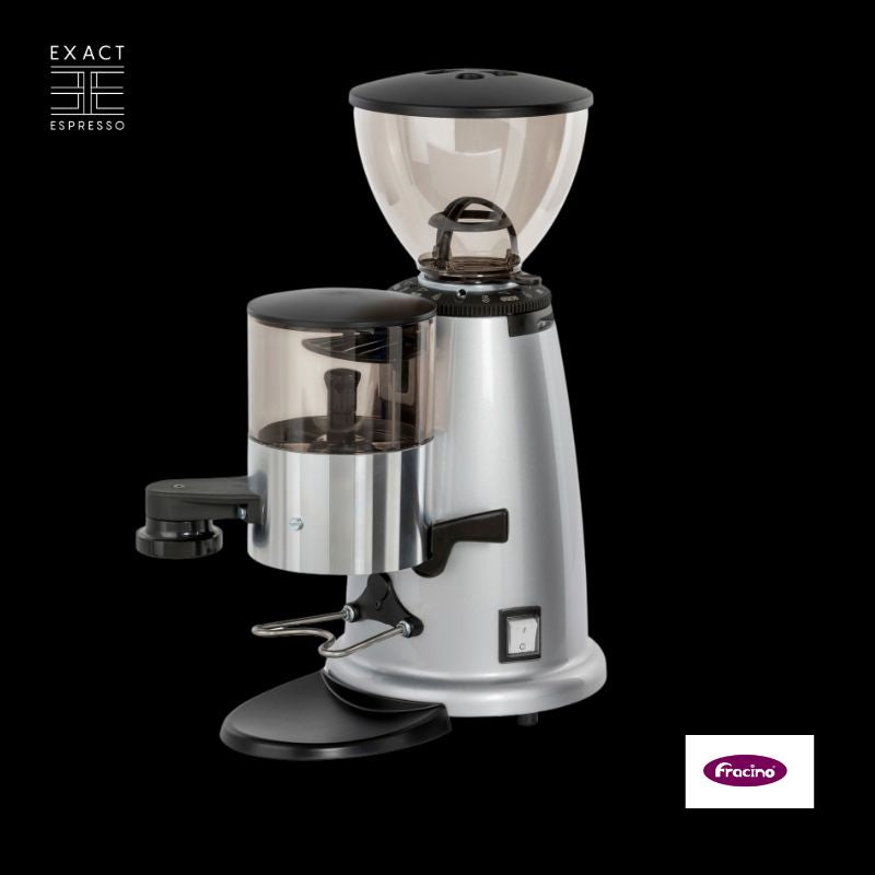 Fracino F4 Auto Coffee Grinder in Silver with built-in dispenser.