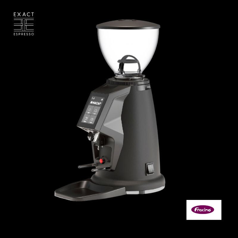 Fracino F4 On-Demand Coffee Grinder in matte black with digital display.