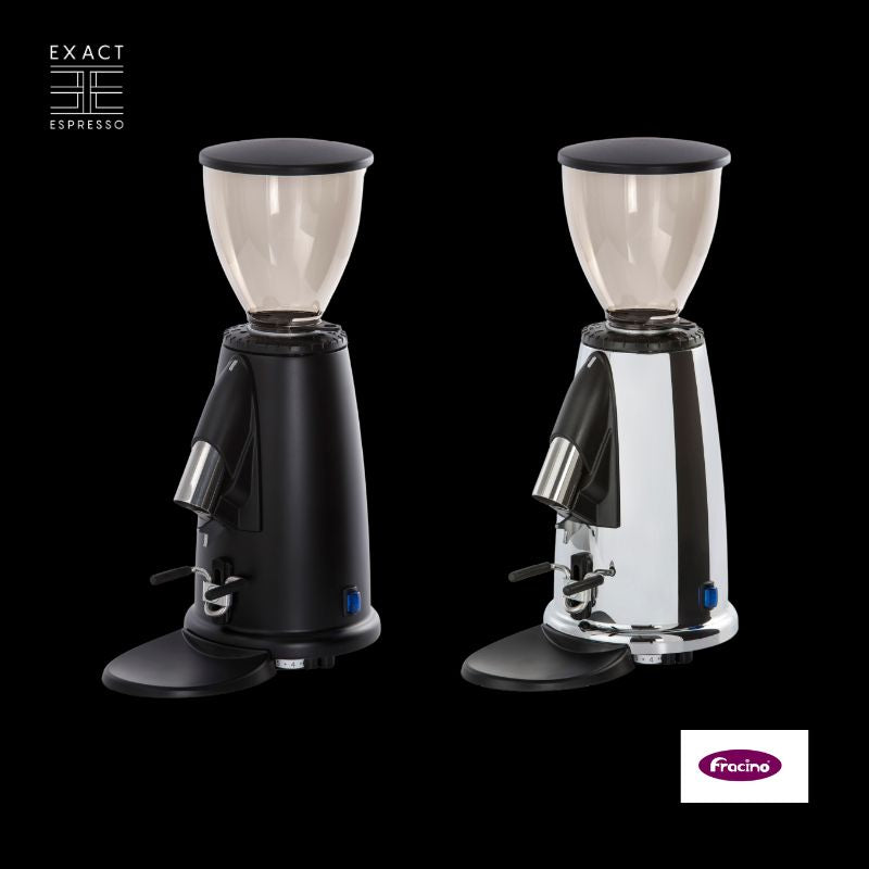 Fracino F2 coffee grinders in black and chrome side by side with branding