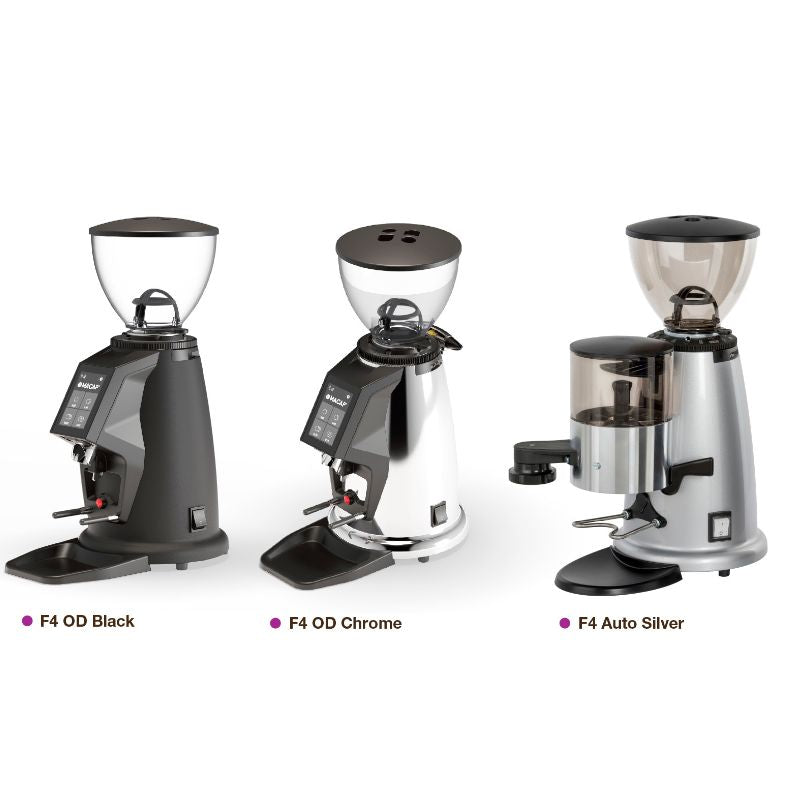 Three Fracino F4 grinders: black, chrome On-Demand, and silver Auto models.