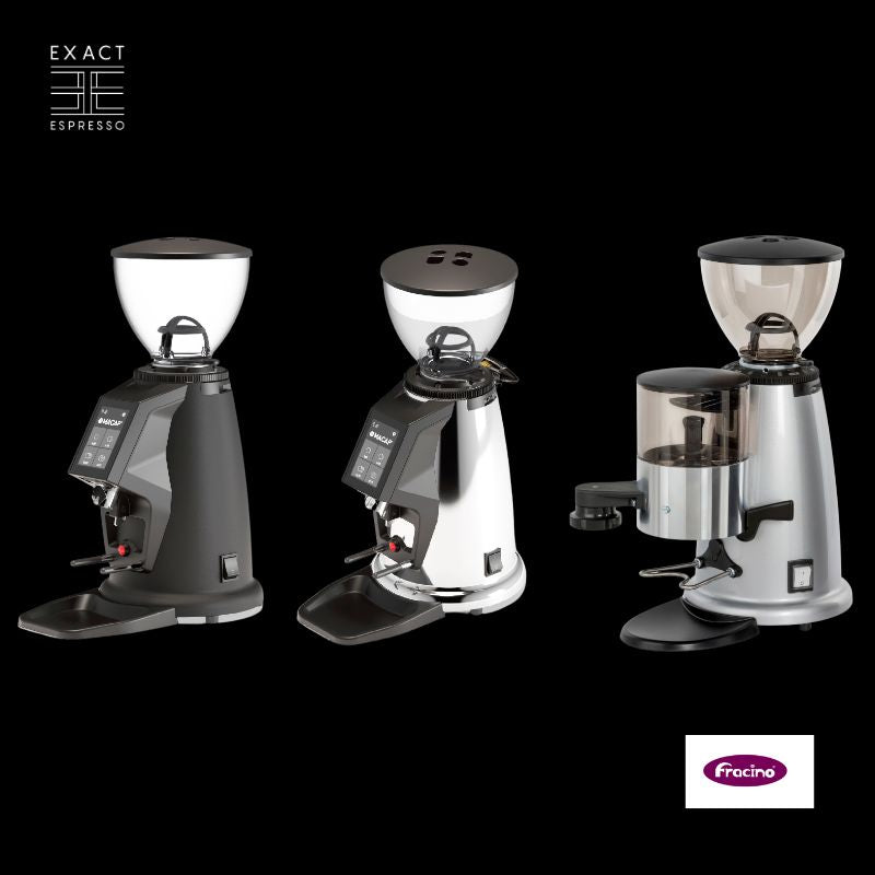 Line-up of Fracino F4 coffee grinders including On-Demand and Auto versions.