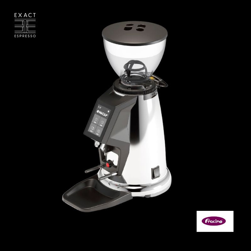Fracino F4 On-Demand Coffee Grinder in chrome with digital controls.