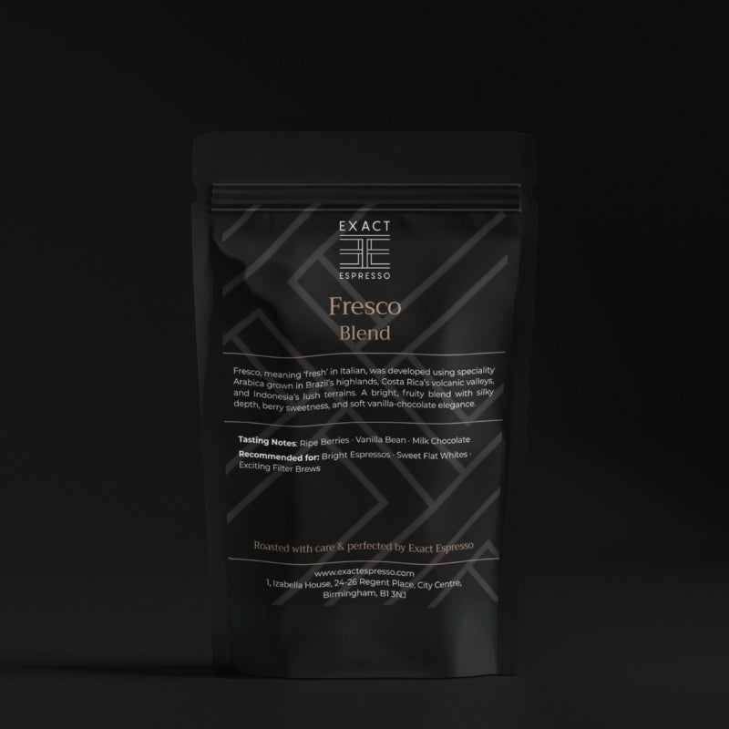 Exact Espresso Fresco Blend coffee bag displayed on a dark background, highlighting the elegant label design.