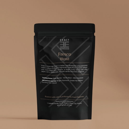 Matte black Fresco Blend coffee bag from Exact Espresso, displayed against a warm beige background.