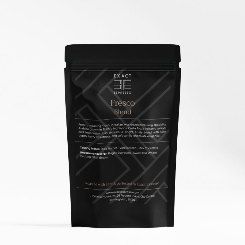 Exact Espresso Fresco Blend coffee bag on a clean white background, showing premium packaging and product details.