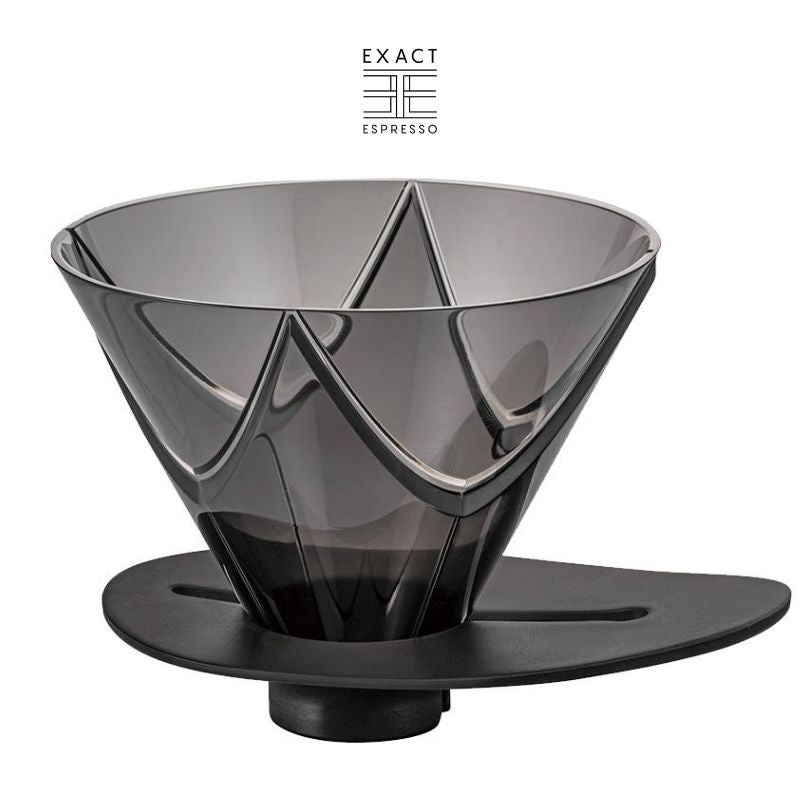 Transparent black plastic Hario V60 Mugen coffee dripper with angular ridges and a wide base, photographed against white with Exact Espresso logo in the background