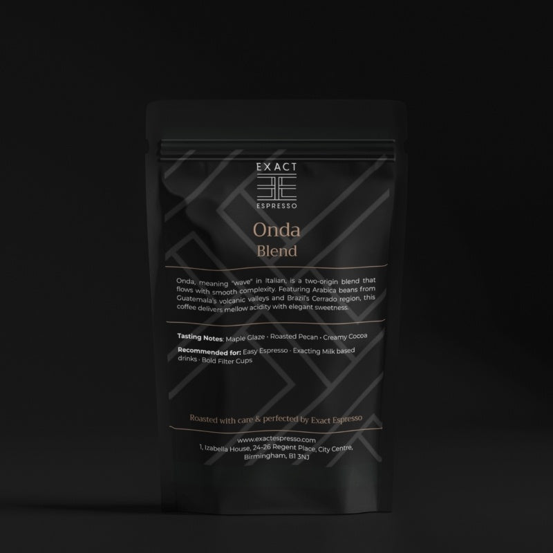 Exact Espresso’s Onda Blend coffee bag with minimal lighting on dark background