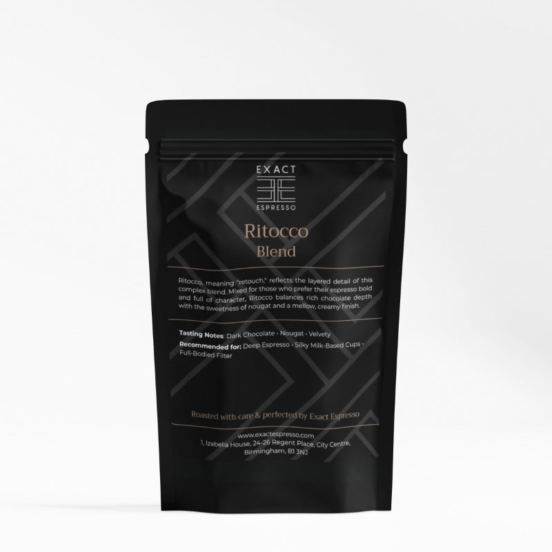 Black coffee bag labeled Ritocco Blend from Exact Espresso, featuring tasting notes and recommended brewing methods