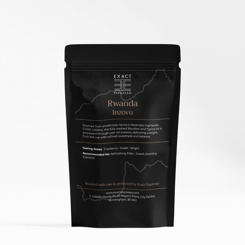 Exact Espresso Rwanda Inzovu coffee bag standing upright on a white background with visible origin and tasting details.