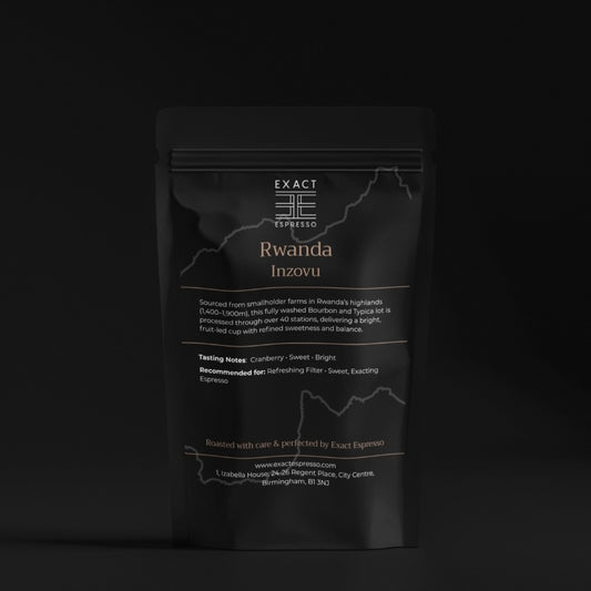 Elegant Rwanda Inzovu coffee bag by Exact Espresso photographed on a dark background with clear label text and map outline.