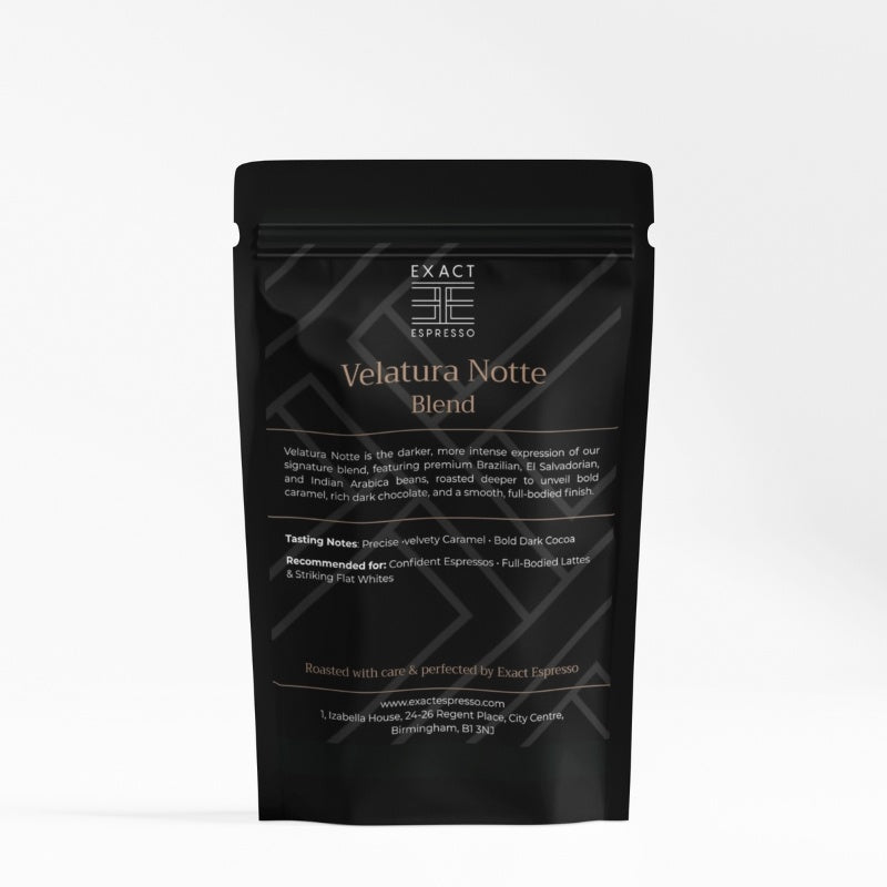 Velatura Notte dark roast coffee beans in premium black bag on white background