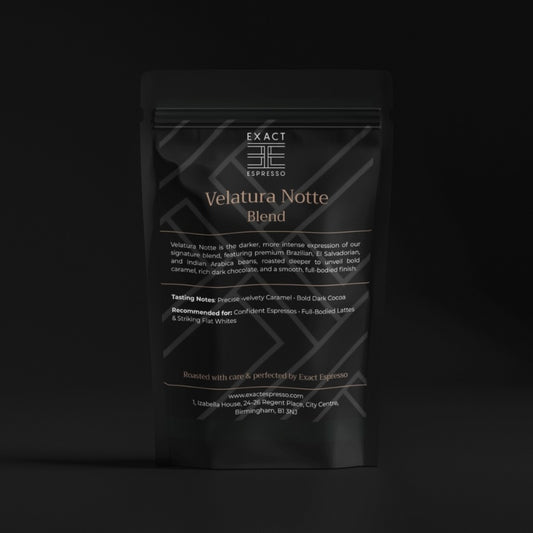 Velatura Notte dark roast coffee bag by Exact Espresso on black background