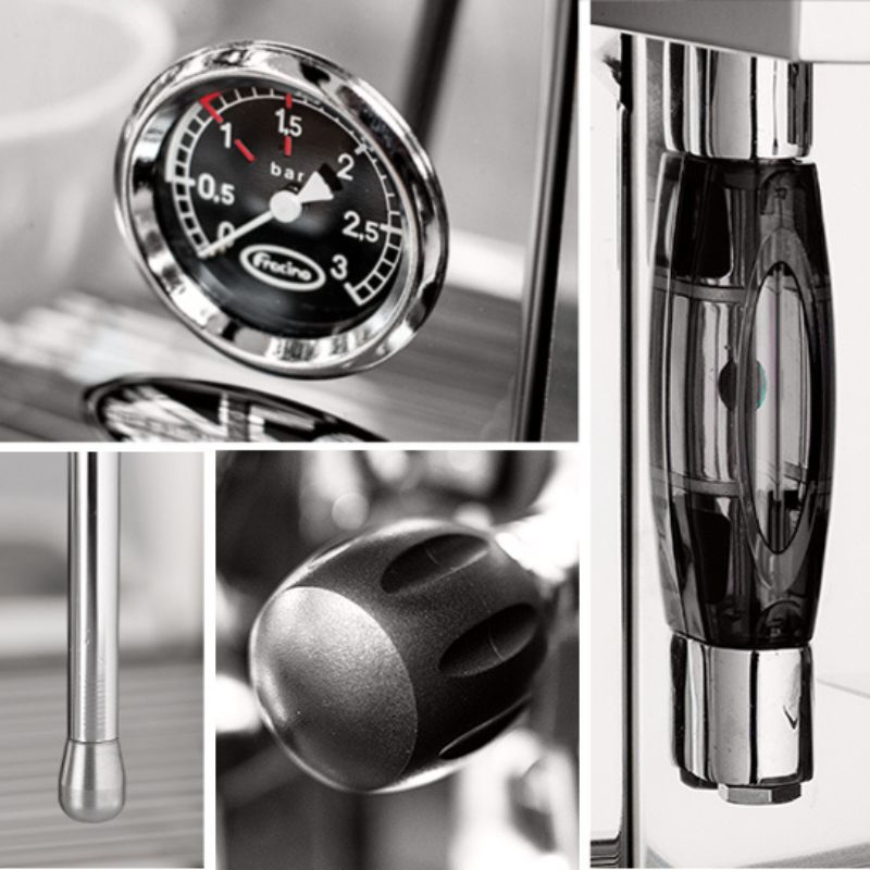 Close-up details of the Fracino Cherub espresso machine including pressure gauge and steam wand