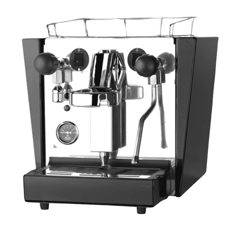 Fracino Cherub manual-fill espresso machine with black panels and chrome finish