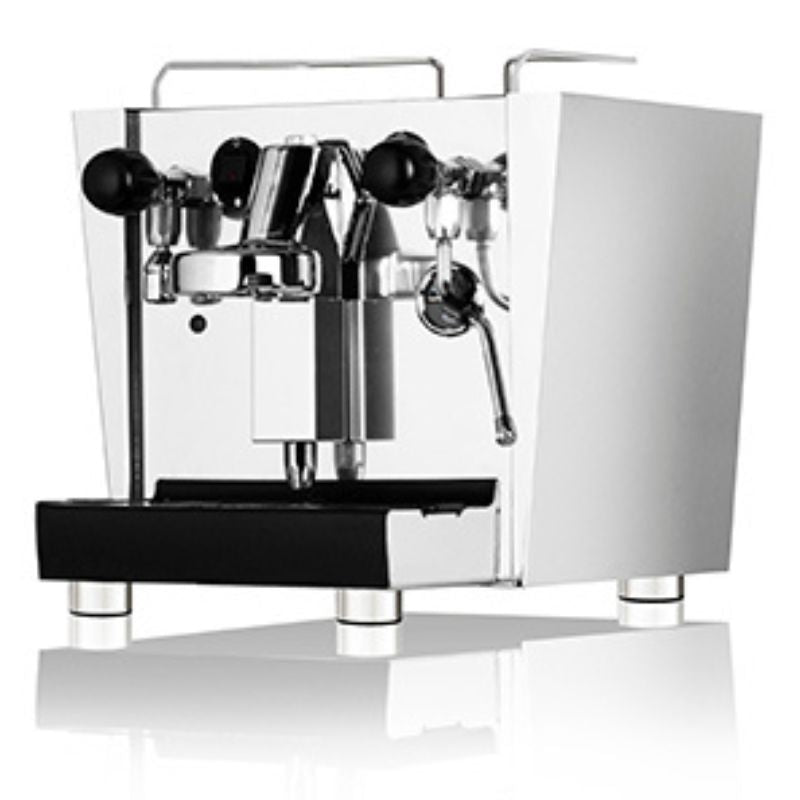 Fracino Cherub espresso machine in full stainless steel finish on white background