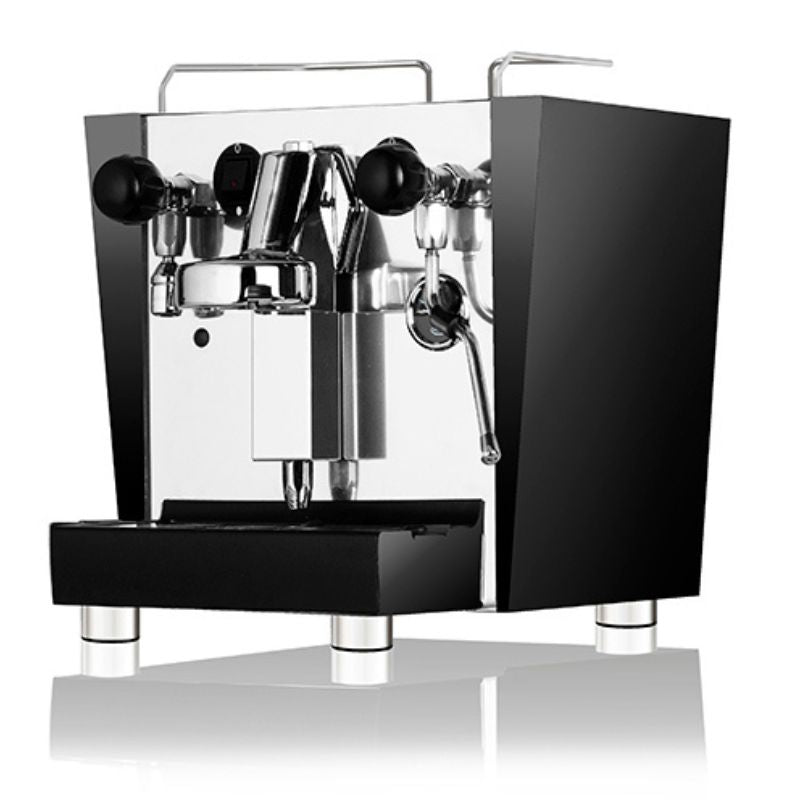 Fracino Cherub coffee machine with black side panels and polished chrome front