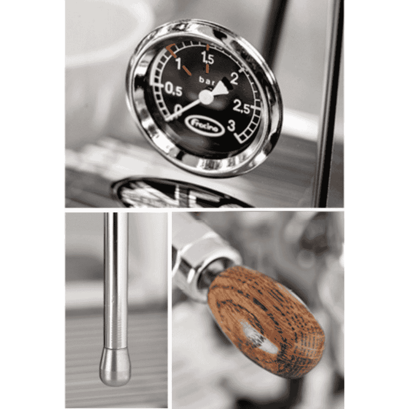 Close-up of Fracino Heavenly pressure gauge, steam wand, and wooden handle