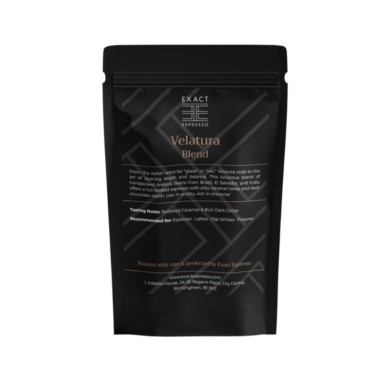 Exact Espresso Velatura Blend black coffee bag with gold text on a white background.