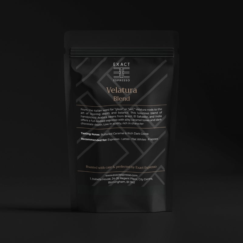 Exact Espresso Velatura Blend coffee bag displayed against a black background with elegant lighting.