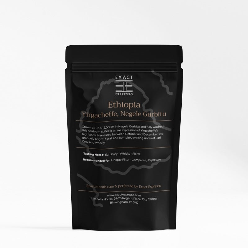  Black coffee bag labeled "Ethiopia Yirgacheffe, Negele Gurbitu" with copper typography on a white background.