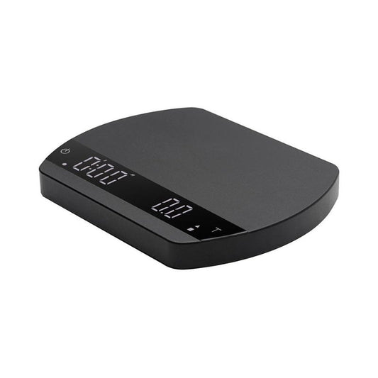 Angled side view of a black digital coffee scale with an LED display showing zero weight and time.