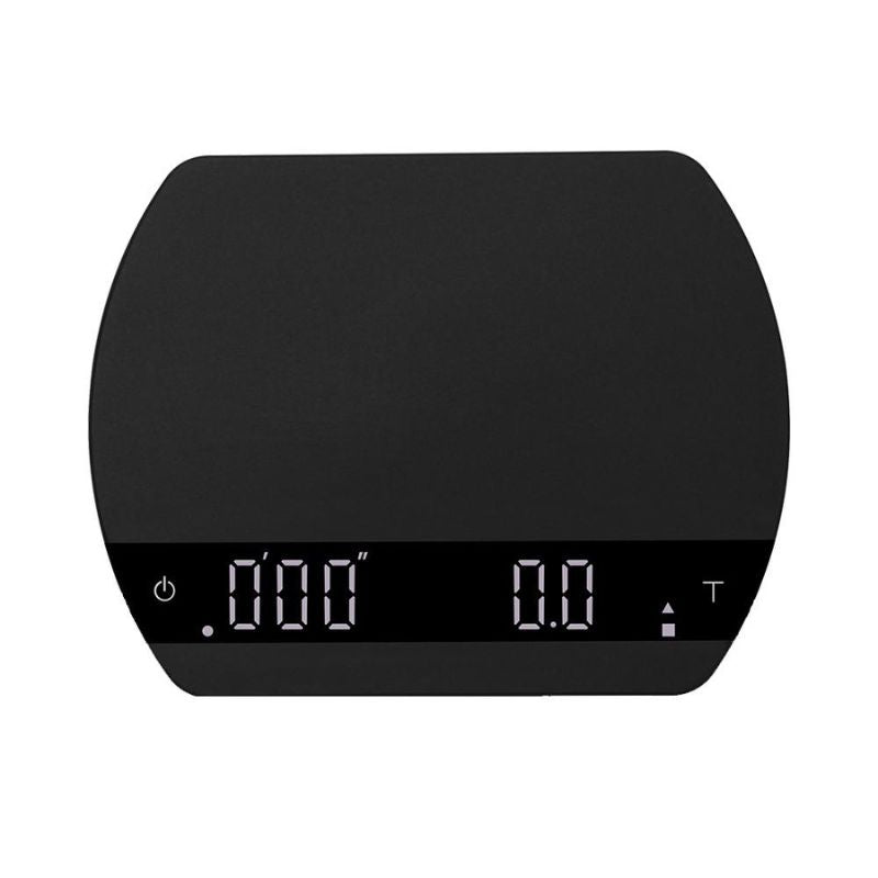Top-down view of a black digital coffee scale with a minimalist LED display showing zero weight and time.