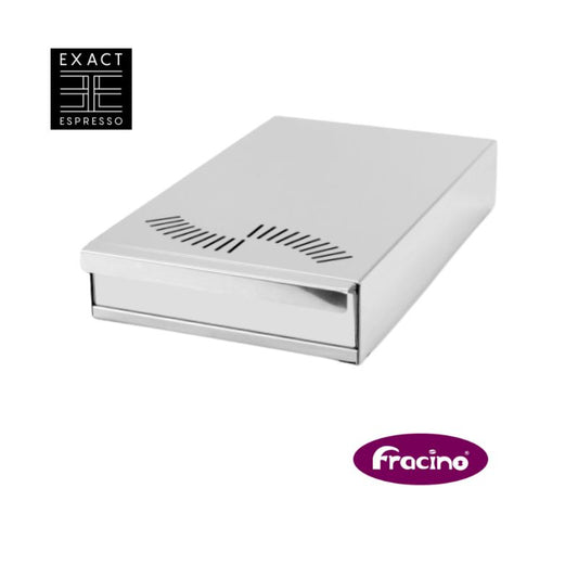 Polished stainless steel Fracino Mini Under Grinder coffee knock out drawer on white background, shown with Exact Espresso and Fracino logos