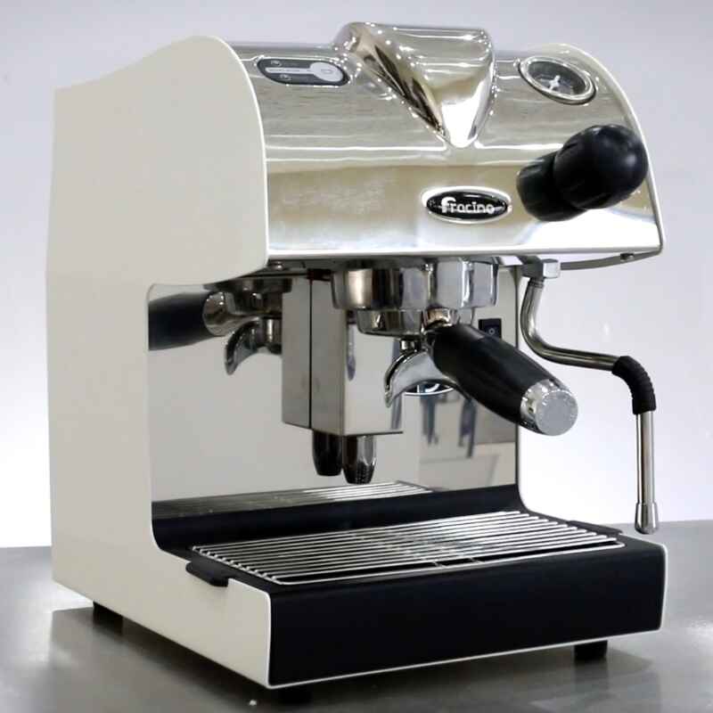 chrome and white Fracino Piccino home coffee machine