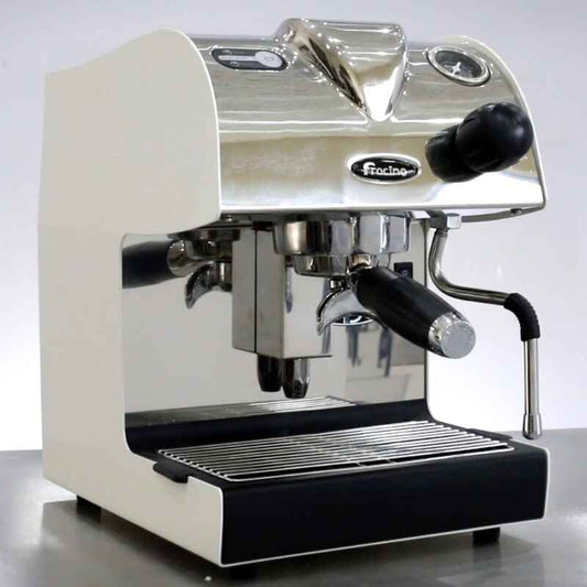 chrome and white Fracino Piccino home coffee machine