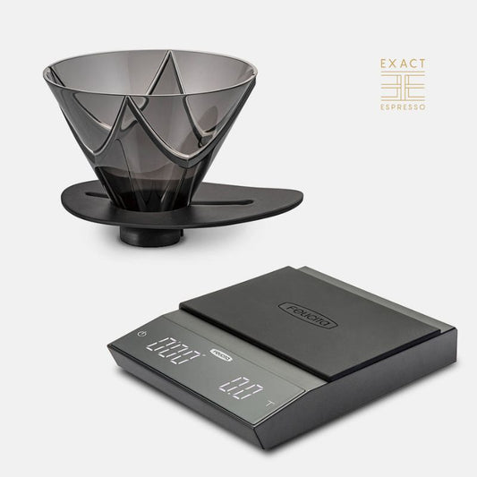 Felicita digital coffee scale paired with a transparent black conical dripper, shown on a white background.