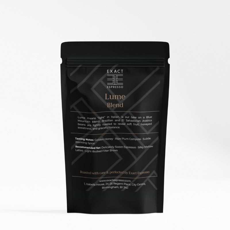 Lume blue mountain blend coffee bag on white background with Exact Espresso logo of two E's