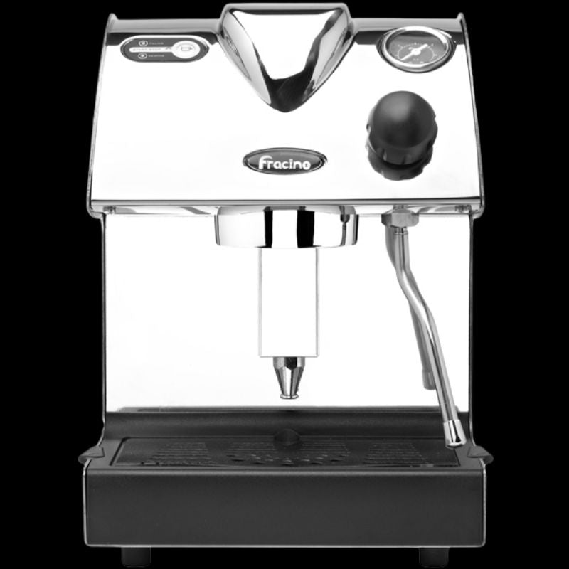 Compact stainless steel espresso machine with central group head and side-mounted steam wand.